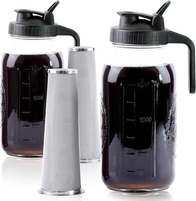GMSWEET Cold Brew Coffee Maker 64 Oz Mason Jar Iced Coffee Maker 2 Set Half Gallon Glass Pitcher With Pour Spout Lids 2 Quart Wide Mouth Cold Brew Pitcher With Strainer For Fridge, Lemonade, Cold Brew, Milk - Image 1